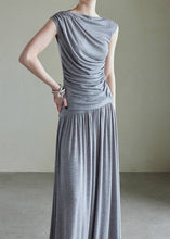 Load image into Gallery viewer, Handmade Grey Slash Neck Vest And Maxi Skirts Cotton Two Piece Set Sleeveless