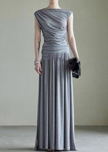 Load image into Gallery viewer, Handmade Grey Slash Neck Vest And Maxi Skirts Cotton Two Piece Set Sleeveless