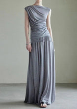 Load image into Gallery viewer, Handmade Grey Slash Neck Vest And Maxi Skirts Cotton Two Piece Set Sleeveless