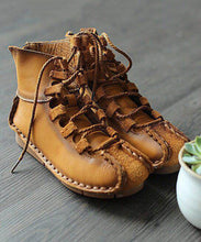 Load image into Gallery viewer, Handmade Khaki Lace Up Zippered Cowhide Leather Ankle Boots