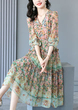 Load image into Gallery viewer, Handmade Light Green V Neck Ruffled Print Silk Dresses Summer