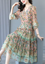 Load image into Gallery viewer, Handmade Light Green V Neck Ruffled Print Silk Dresses Summer