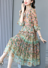 Load image into Gallery viewer, Handmade Light Green V Neck Ruffled Print Silk Dresses Summer