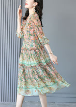 Load image into Gallery viewer, Handmade Light Green V Neck Ruffled Print Silk Dresses Summer