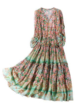 Load image into Gallery viewer, Handmade Light Green V Neck Ruffled Print Silk Dresses Summer