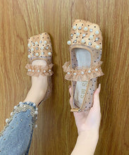 Load image into Gallery viewer, Handmade Loafer Shoes Splicing Tulle Khaki Ruffles Nail Bead Zircon