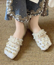 Load image into Gallery viewer, Handmade Loafer Shoes Splicing Tulle Khaki Ruffles Nail Bead Zircon