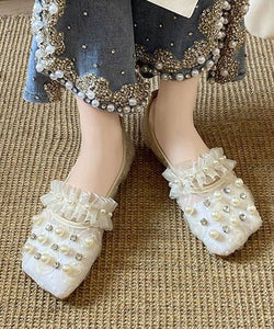 Handmade Loafer Shoes Splicing Tulle Khaki Ruffles Nail Bead Zircon