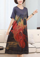 Load image into Gallery viewer, Handmade Navy O-Neck Print Silk Long Dress Summer