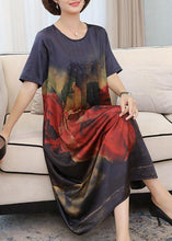 Load image into Gallery viewer, Handmade Navy O-Neck Print Silk Long Dress Summer