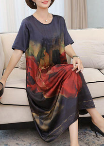 Handmade Navy O-Neck Print Silk Long Dress Summer