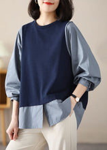 Load image into Gallery viewer, Handmade Navy Oversized Patchwork Cotton Shirts Spring