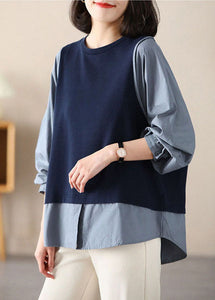 Handmade Navy Oversized Patchwork Cotton Shirts Spring