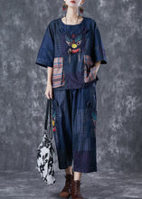 Load image into Gallery viewer, Handmade Navy Tiger Embroidered Patchwork Pockets Linen Two Piece Set Summer