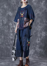 Load image into Gallery viewer, Handmade Navy Tiger Embroidered Patchwork Pockets Linen Two Piece Set Summer