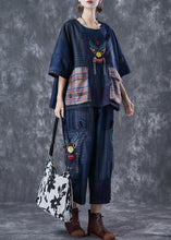 Load image into Gallery viewer, Handmade Navy Tiger Embroidered Patchwork Pockets Linen Two Piece Set Summer