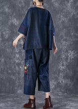 Load image into Gallery viewer, Handmade Navy Tiger Embroidered Patchwork Pockets Linen Two Piece Set Summer