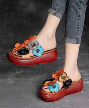 Load image into Gallery viewer, Handmade Orange Floral Platform Cowhide Leather Slide Sandals