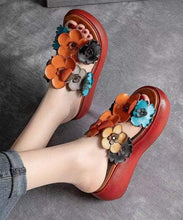 Load image into Gallery viewer, Handmade Orange Floral Platform Cowhide Leather Slide Sandals