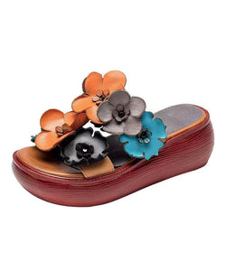 Handmade Orange Floral Platform Cowhide Leather Slide Sandals