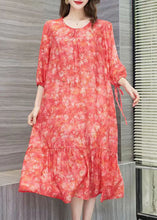 Load image into Gallery viewer, Handmade Orange O Neck Print Wrinkled Patchwork Cotton Dress Summer