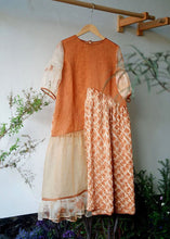 Load image into Gallery viewer, Handmade Orange O Neck Wrinkled Patchwork Cotton Dress Summer