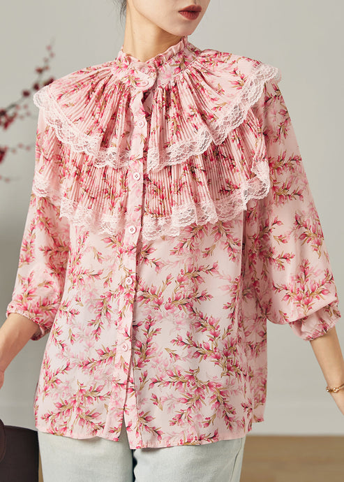 Handmade Pink Double-layer Print Chiffon Top Summer