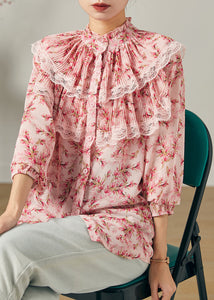 Handmade Pink Double-layer Print Chiffon Top Summer