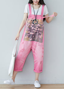 Handmade Pink Print Denim Straight Jumpsuits Spring