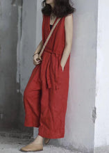 Load image into Gallery viewer, Handmade Red V Neck Tie Waist Linen Jumpsuit Sleeveless