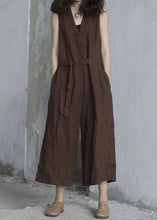 Load image into Gallery viewer, Handmade Red V Neck Tie Waist Linen Jumpsuit Sleeveless