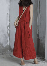 Load image into Gallery viewer, Handmade Red V Neck Tie Waist Linen Jumpsuit Sleeveless