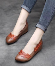 Load image into Gallery viewer, Handmade Retro Brown Wedge Heels Cowhide Leather Splicing Floral