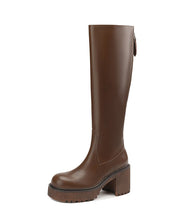 Load image into Gallery viewer, Handmade Splicing Zippered Chunky Heel Boots Brown Cowhide Leather