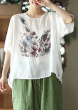 Load image into Gallery viewer, Handmade White Print Ramie T Shirt Short Sleeve