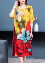 Load image into Gallery viewer, Handmade Yellow O Neck Print Patchwork Chiffon Dress Summer