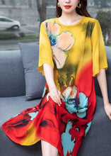 Load image into Gallery viewer, Handmade Yellow O Neck Print Patchwork Chiffon Dress Summer