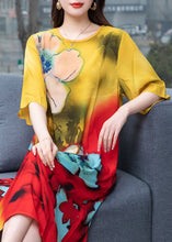 Load image into Gallery viewer, Handmade Yellow O Neck Print Patchwork Chiffon Dress Summer