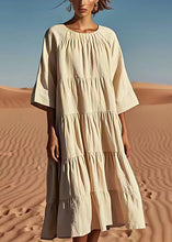 Load image into Gallery viewer, Italian Beige O Neck Wrinkled Patchwork Linen Dresses Summer