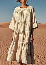 Load image into Gallery viewer, Italian Beige O Neck Wrinkled Patchwork Linen Dresses Summer