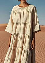 Load image into Gallery viewer, Italian Beige O Neck Wrinkled Patchwork Linen Dresses Summer