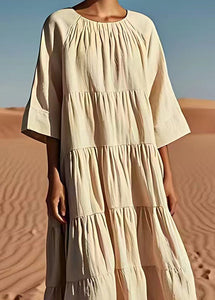 Italian Beige O Neck Wrinkled Patchwork Linen Dresses Summer