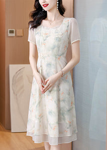 Italian Beige Ruffled Square Collar Print Chiffon Dresses Summer