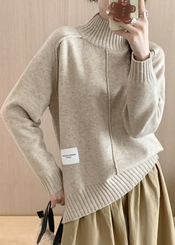 Italian Beige Turtleneck Side Open Thick Cotton Knit Sweaters Winter