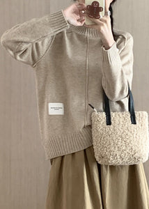 Italian Beige Turtleneck Side Open Thick Cotton Knit Sweaters Winter