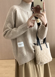 Italian Beige Turtleneck Side Open Thick Cotton Knit Sweaters Winter