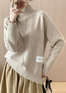 Italian Beige Turtleneck Side Open Thick Cotton Knit Sweaters Winter