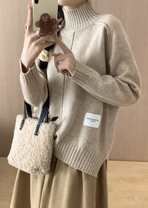 Italian Beige Turtleneck Side Open Thick Cotton Knit Sweaters Winter