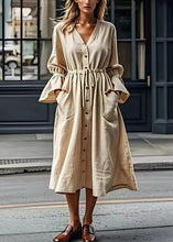 Load image into Gallery viewer, Italian Beige V Neck Drawstring Cotton Long Dress Flare Sleeve