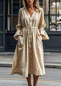 Italian Beige V Neck Drawstring Cotton Long Dress Flare Sleeve